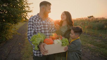 Caucasian family holding box fresh vegetables. Happy woman mom female little boy child kid son man dad male enjoy vitamin healthy food farm harvest gardening agriculture business sunset field farmlandの写真素材
