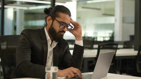 Stressed ill sick Indian male employer company corporate Arabian entrepreneur boss CEO business man...