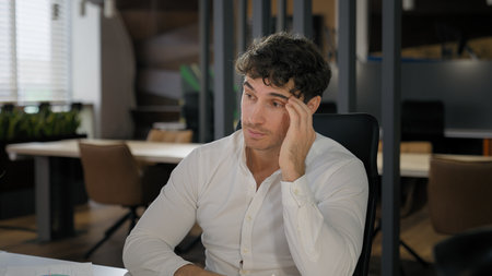 Sad frustrated disappointed business man employer leader company CEO boss recruiter male hr manager stressed businessman headache failure problem health trouble upset lost lose migraine symptom illの写真素材