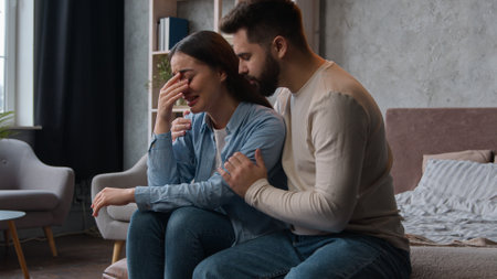 Caucasian man apologizing husband calming anxious annoyed wife ask forgiveness after family conflict crying tears woman emotional complain listen to spouse apologies quarrel relations crisis breakupの写真素材