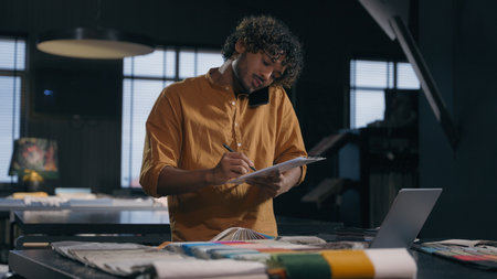 Indian business man arabian businessman decorator male tailor fashion designer couturier multitasking work talking mobile phone with client writing notes online order sample fabrics in cloth atelierの写真素材