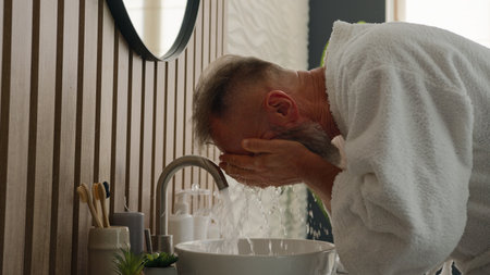 Old Caucasian middle-aged senior male retired mature bearded man gray haired pensioner in bathrobe in morning hygiene routine bath sink washing face with cold water moisturizing refresh wash skin careの写真素材