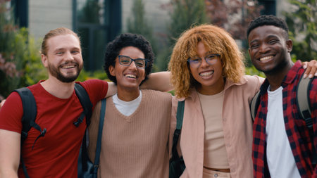 Diverse multiethnic multiracial smiling laughing happy talking communicating fun laugh gen z pupils students friends people high school university college academy in city cuddling looking at cameraの写真素材