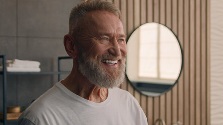 Portrait close up old Caucasian elderly male senior happy smiling toothy mature retired pensioner 60s man smile indoors at home hotel skincare wrinkled face looking away carefreeの写真素材