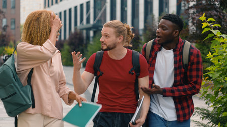 Group of emotional students multiracial friends Caucasian man guy with African American woman girl and ethnic guy diversity people walking outdoors college university quarrel argue problem discussの写真素材