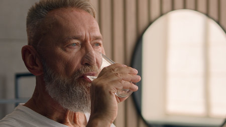 Old Caucasian man senior mature retired male in bath bathroom morning drinking still water drink holding glass refreshing healthy habit aqua balance h2o refresh thirst health care elderly generationの写真素材