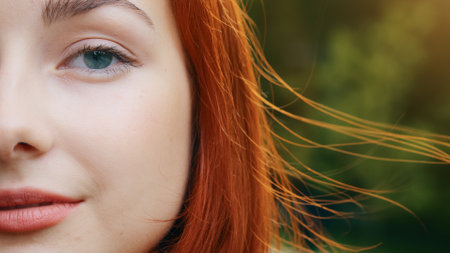Close-up human female half face pretty teenager beautiful redhead girl woman sensuality model with beautiful blue eyes natural cosmetic makeup has perfect clean skin posing for camera stands outdoorsの写真素材
