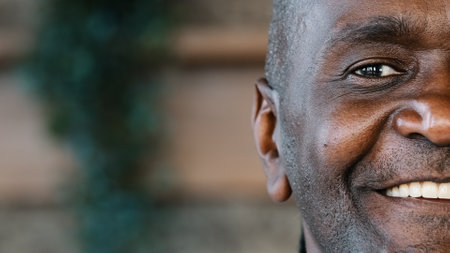 Close up joyful male human unshaved half face in details portrait mature african middle aged man healthy grandpa ethnic friendly grandfather pensioner looking at camera smiling toothy posing indoorsの写真素材