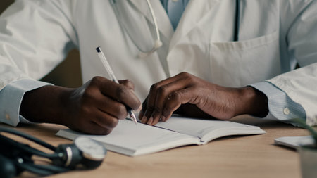 Unknown male hands african man doctor sit at clinic desk writing medical prescription prescribe hospital referral filling checklist health symptoms write insurance make notes in registration notebookの写真素材