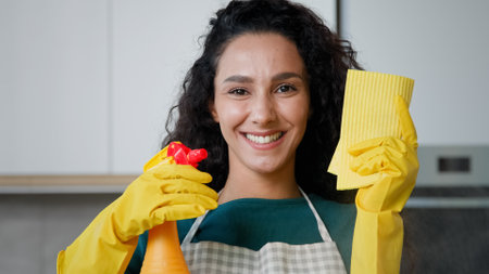 Happy young female maid worker housekeeper mother wife posing in kitchen wears yellow rubber protective gloves hold cleanser bottle spray detergent liquid on wet rag for cleaningの写真素材