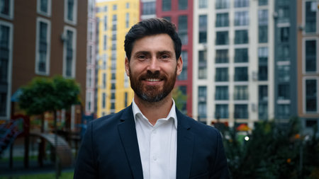 Attractive caucasian 40s man successful investor leader businessman millennial employee wears luxury...