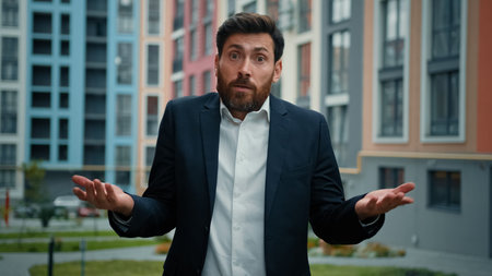 Doubtful sad frustrated businessman bearded man shrugging shoulders dont know answer incertitude...
