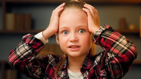 Scared young little girl shocked confused child feeling bullied abandoned alone caucasian blonde...