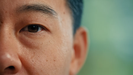 Close up asian male face eyes body part in detail korean japanese adult healthy man 40s with dark eyesight businessman client of ophthalmology after laser correction operationの写真素材