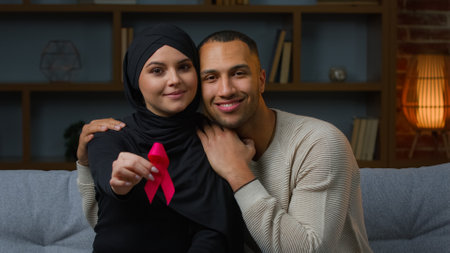 Multiracial family muslim woman and african american man sit on sofa indoors hold red ribbon prevent symbol HIV AIDS protect immune deficiency syndrome blood donation health care and world cancer dayの写真素材