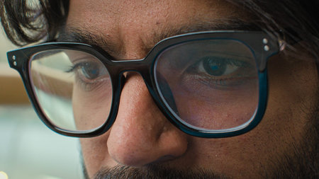 Close up view of male eyes businessman wearing computer glasses eyewear male man in eyeglasses for reducing eye strain good vision looking at laptop screen reading in internet watching working onlineの写真素材