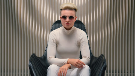 Cyber gamer girl wearing glasses in neon futuristic space cyberpunk fashion gaming virtual reality...