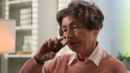 Caucasian sick grandmother unwell senior woman at home unhealthy old female granny allergic elderly retired lady with runny nose suffer cold flue allergy use nasal spray remedy breath free medicineの写真素材