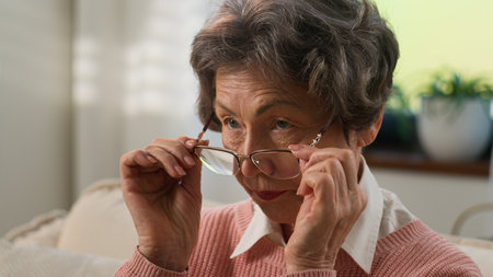 Ill sick unhealthy unwell Caucasian old woman feel discomfort blurry vision senior nature senior female taking off eyeglasses feeling eye strain massaging irritated dry eyes pain with glasses headacheの写真素材