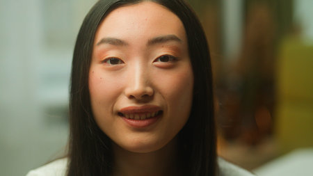 Portrait Asian woman open eyes smile Chinese Japanese ethnic girl student female businesswoman lady...