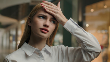 Upset businesswoman in shopping mall touch head worried with business problem difficulties sick office worker Caucasian woman feel headache frustrated girl suffer from pain think bad decision loss jobの写真素材