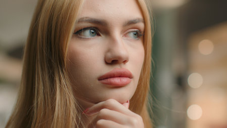 Pensive thoughtful Caucasian woman student gen z girl doubtful businesswoman close up female head shot think thoughts brainstorm thinking idea solve problem decide decision choose search answer doubtの写真素材