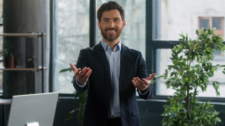 Caucasian man looking camera phone successful mature businessman entrepreneur leader employer...