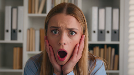 Close up shocked female face Portrait amazed scared afraid astonish Caucasian woman open mouth holding head with shock bad news unexpected business trouble failure problem girl businesswoman in officeの写真素材