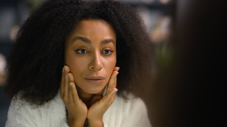 Close up female mirror reflection at hotel home bathroom sad upset dissatisfied unhappy African American woman check bad skin tone problem wrinkles complexion dry ethnic girl lady face condition acneの写真素材