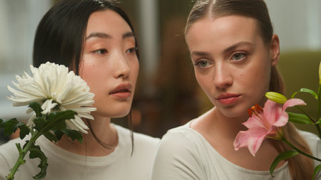 Portrait two friends females faces beauty attractive healthy female girls women multiracial multiethnic Caucasian woman And Asian girl Japanese Chinese Korean with flowers nature cosmetic organicの写真素材