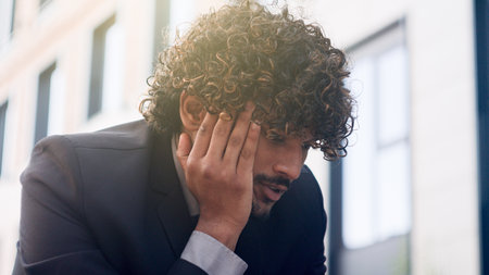 Tired stressful worried bad feeling frustrated Indian businessman Arabian sad upset Hispanic business man stress problem bankruptcy debt failure corporate trouble headache reaction in city outdoorsの写真素材