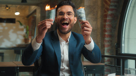 Happy male Arabian Indian business man laughing guy joyful excited businessman office investor rejoicing burn money dollars finance cash salary enjoy burning banknotes have funの写真素材
