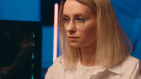 Business woman girl female trader programmer businesswoman drink water late night office crypto currency graph charts computer multiple screen bitcoin trading stock market analysis data web commerceの写真素材