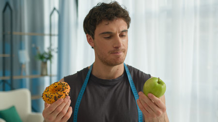 Caucasian man holding apple donut healthy junk food nutrition guy snack athlete bodycare think uncertainty male lunch sport sportsman choice balanced fitness diet taste delicious calories lose weightの写真素材