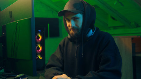 Hands typing keyboard computer Caucasian man programmer looking at camera wink guy ai server system...