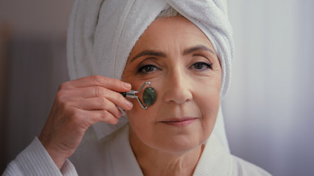 60s middle-aged old senior mature Caucasian woman with towel on head in bath morning face massage with stone roller elderly beautiful lady skincare procedure facial yoga self care exercise for skinの写真素材
