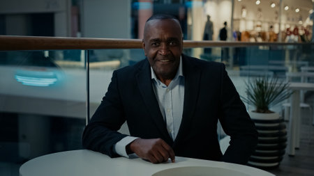 African adult middle-aged businessman visitor client man come in cafe walking in cafeteria sitting at table ask waitress calling waiter call barista ordering one cup of coffee tea thumb up wait orderの写真素材