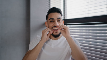 Portrait millennial handsome bearded arab indian male guy in white shirt brushing teeth using dental...
