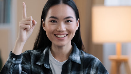 Portrait asian millennial girl creative smart woman embarrassed pensive lady thinks decides thinking...