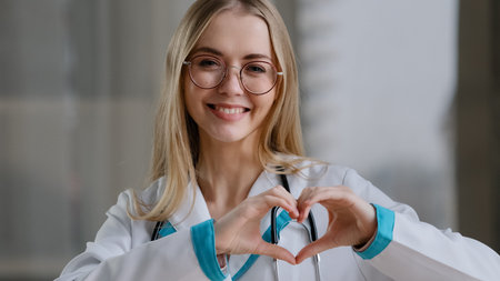 Caucasian doctor specialist nurse woman practitioner therapist in glasses in clinic hospital at table shows heart shape sign of mercy love kindness assistance medicine help international medical dayの写真素材