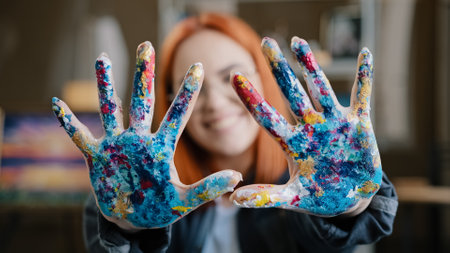 Happy funny Caucasian red-haired woman in eyeglasses girl painter wear glasses looking at camera posing in art studio laughing show palms dirty soiled in acrylic paints hands after painting drawingの写真素材