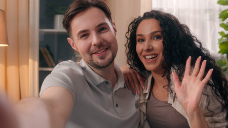 Webcam view web cam happy family couple smiling talking Caucasian man guy male husband boyfriend...
