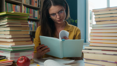 Caucasian high school student girl reader bookworm woman read books textbook learning studying...