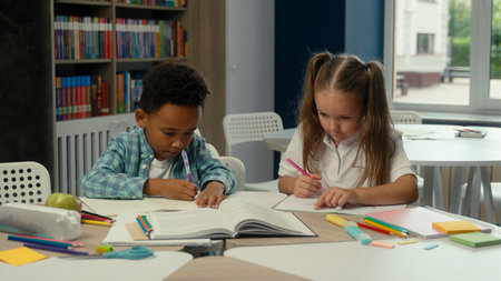 Multiethnic little kids classmates African boy Caucasian girl daughter son elementary school...