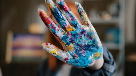 Caucasian red haired woman artist designer painter girl show dirty in paints colorful palm at camera holding hand in front of her close face with arm stop gesture not no in art studio after paintingの写真素材