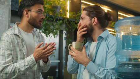 Male colleagues friends buddies multiethnic men business partners coworkers Arabian Caucasian guys businessmen freelancers talk laugh gossip friendly conversation in break zone office coworking cafeの写真素材