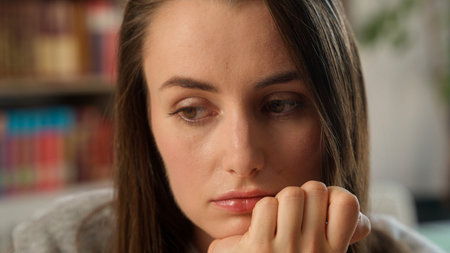 Sad thoughtful Caucasian woman thinking solution female girl businesswoman student teacher school...