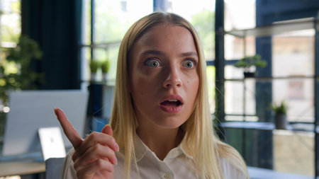 Portrait thoughtful pensive Caucasian woman girl thinking creative thoughts in office female...