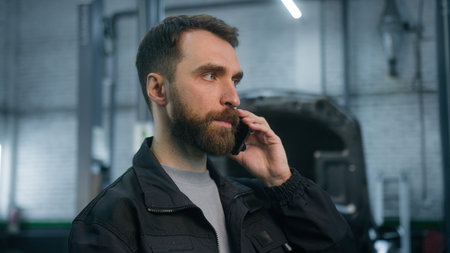 Caucasian man auto mechanic worker maintenance engineer expert talking mobile phone in workshop...