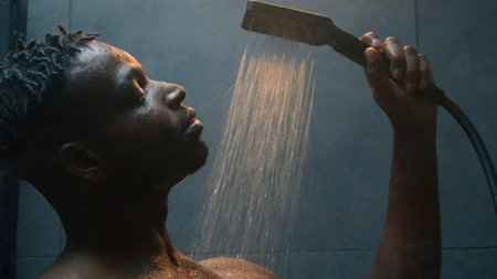 African American man wash wet body muscular ethnic guy male model washing in shower splashing warm hot water morning hygiene cleaning in bathroom moisture hygienic procedure bodycareの写真素材